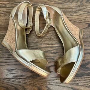 Lilly Pulitzer Kayla Wedge Cork Gold Leather Sandals Size 9.5
